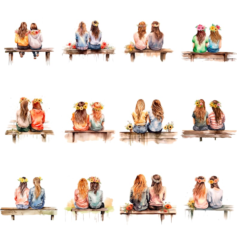 K&ouml;nnte beinhalten: Aquarell-Illustration von 10 Paaren von Freunden, die auf B&auml;nken sitzen. Jedes Paar tr&auml;gt Blumenkr&auml;nze und h&auml;lt sich an den H&auml;nden. Die Freunde tragen alle verschiedene Outfits und haben verschiedene Frisuren. Der Hintergrund ist wei&szlig;.