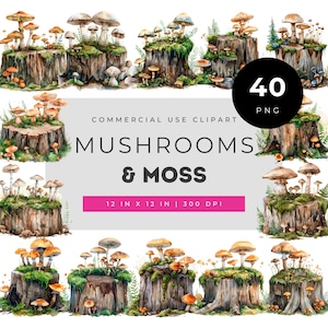 Puede incluir: Una colección de 40 archivos clipart PNG digitales con ilustraciones en acuarela de varios hongos que crecen en tocones de árboles cubiertos de musgo. El texto central dice Commercial Use Clipart Mushrooms & Moss 12 in x 12 in 300 DPI.