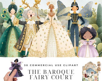 Baroque Fairy Court Clipart Bundle, Watercolor Royal Fairy Illustrations, Gilded Throne Queen King, Fairy Court Characters Designs Download