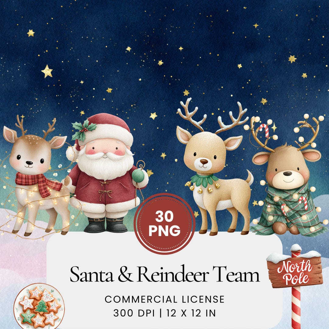Santa and Reindeer Christmas Clipart Bundle, Watercolor Holiday PNG ...