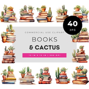 Books and Cactus Clipart Set, Watercolor Books and Succulents Clip Art, Vintage Book Stack Illustrations, Cactus Decor JPG Bundle