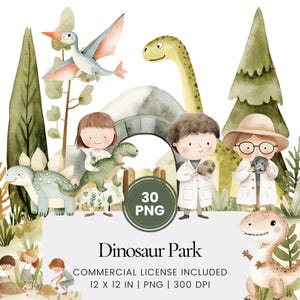 May include: A set of 30 watercolour illustrations featuring dinosaurs, children, and a dinosaur park. The illustrations are in a cartoon style and feature bright colours. The illustrations are perfect for creating invitations, cards, and other crafts.