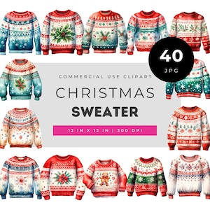 Christmas sweater clipart, festive knit jumper watercolor art, cozy holiday pullover illustration set, winter fashion JPG collection