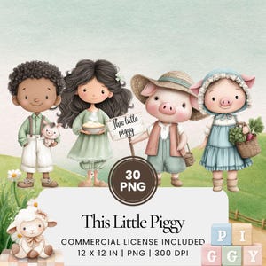 This Little Piggy watercolor clipart bundle, pastel pig nursery illustrations, children's story art, baby shower graphics, piglet PNG set