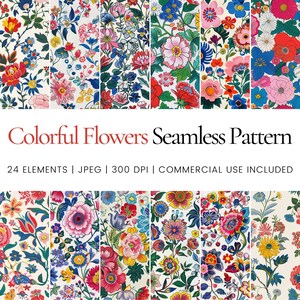 Puede incluir: Un conjunto de 24 patrones sin costuras con diseños florales coloridos. Los patrones son perfectos para crear proyectos digitales o impresos, como telas, papel tapiz o papel de regalo.