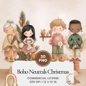 以下が含まれることがあります： クリスマスをテーマにした、ニュートラルカラーの4人の漫画のキャラクターのデジタルイラスト。画像にはクリスマスツリー、虹、テキスト「Boho Neutrals Christmas」が含まれています。画像サイズは30.48 x 30.48 cmです。