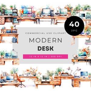 Modern desk clipart bundle, aesthetic home office watercolor desks, workspace PNG illustrations, boho desk setup clip art, commercial use