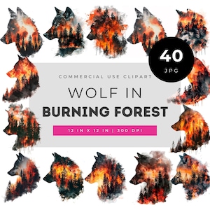 Wolf in burning forest clipart bundle, dramatic double exposure wolf silhouettes with fiery woodland scenes for fantasy art prints