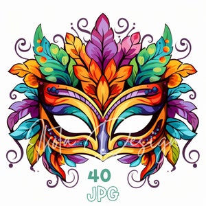 Mardi Gras Mask Clipart - 40 hoogwaardige JPG's - Digitale planner, junk journaling, wandkunst, commercieel gebruik, digitale download, mokken, kleding