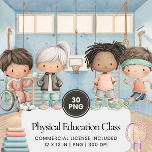 Ensemble d'aquarelles d'éducation physique, ensemble PNG de professeur de gymnastique et d'élève, illustrations de sports scolaires pour la décoration de classe des enfants