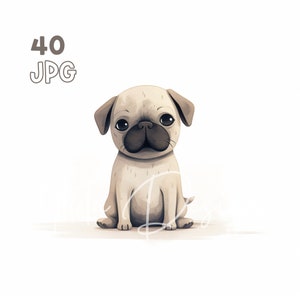 Pug Clipart - 40 hoge kwaliteit JPG's - Digitale Planner, Junk Journaling, Minimalistisch, Commercieel Gebruik, Digitale Download, Mok, Kwekerij, Kleding