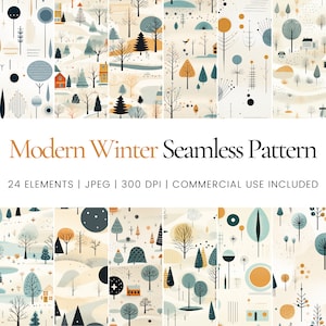 Puede incluir: Un conjunto de 24 patrones digitales sin costuras con un tema invernal moderno. Los patrones incluyen varias formas geométricas, árboles, casas y otros elementos invernales en una paleta de colores apagados beige, azul y naranja.