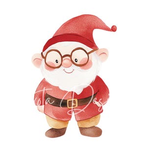 May include: A cartoon gnome with a red hat, white beard, and round glasses. He is wearing a red and brown outfit with a belt.