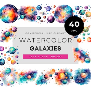 Watercolor galaxy clipart bundle, vibrant cosmic planet illustrations with colorful nebula backgrounds for space themed crafts & digital art