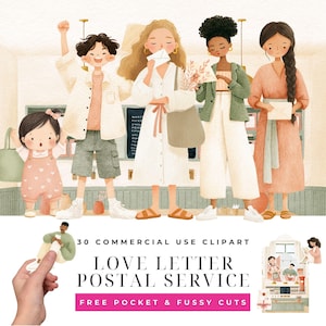 Puede incluir: Ilustración de un grupo diverso de personas sosteniendo cartas, con un niño pequeño en primer plano. La imagen incluye el texto "LOVE LETTER POSTAL SERVICE" y "FREE POCKET & FUSSY CUTS". El estilo es suave y acuarelado.