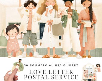 Love Letter Postal Service Clipart Bundle, Watercolor Romance Correspondence Illustrations, Wax Seal Postbox PNG, Letter Writing Designs