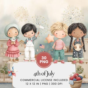 4th of July watercolor clipart bundle, pastel patriotic USA holiday illustrations, cute independence day graphics, kids summer July fourth