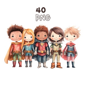 Superhero Kids Clipart - 40 High Quality PNG - Digital Planner, Junk Journaling, Watercolor, Wall Art, Commercial Use, Digital Download, Mug