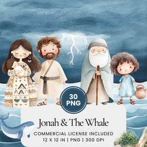 Jonah & The Whale Clipart - 30 PNG - Digitale planner, junk journaling, Bijbel, commercieel gebruik, sublimatie, scrapbooking, stickers, kaart, mok