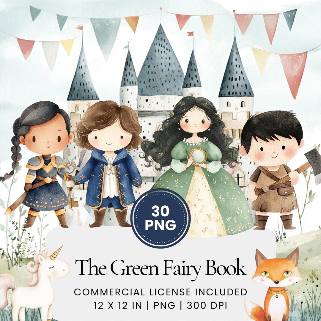 The Green Fairy Book Clipart, Watercolor Set With Castle, Unicorn ...