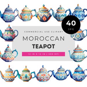 Set di clipart di teiere marocchine, illustrazioni di teiere in ceramica colorate dipinte a mano, arte stampabile per decorazioni da cucina boho, uso commerciale JPG