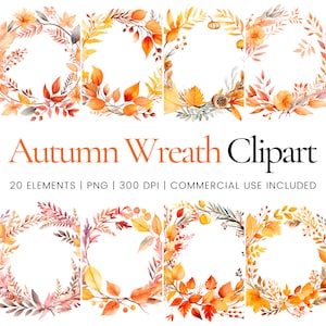 Autumn Wreath Clipart - 20 PNG de haute qualité - Planificateur numérique, Junk Journaling, Aquarelle, Utilisation commerciale, Téléchargement numérique