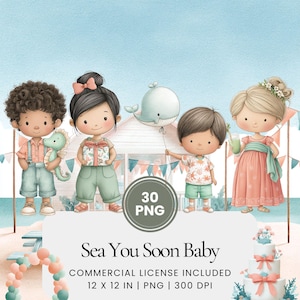 Sea You Soon Babyshower Clipart, Onderzee Babyshower PNG Set, Oceaan Babyshower Graphics, Pastel Baby Zeedieren Clipart