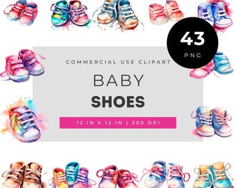 Watercolor Baby Shoes Clipart, Colorful Baby Sneaker Illustrations for Crafts and Sublimation, Newborn Shoe PNG Bundle for Nursery Decor