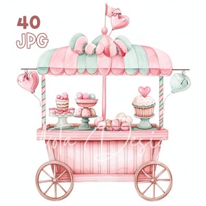 バレンタイン スイート カート クリップアート - 40 高品質 JPG - デジタル プランナー、ジャンク ジャーナリング、水彩画、ウォール アート、商用利用、マグカップ、アパレル
