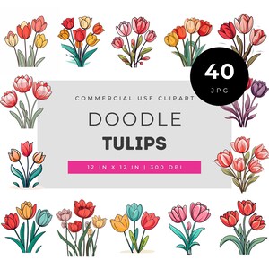 Doodle tulips clipart bundle, hand drawn tulip flower illustration, cute floral art for planners scrapbooking craft, printable flower design