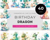 Birthday Dragon Clipart Bundle, Cute Baby Dragon Birthday Party Graphics, Fantasy Kids Invitation Set, Printable Cake Decor JPG