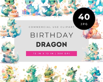 Birthday Dragon Clipart Bundle, Cute Baby Dragon Birthday Party Graphics, Fantasy Kids Invitation Set, Printable Cake Decor JPG
