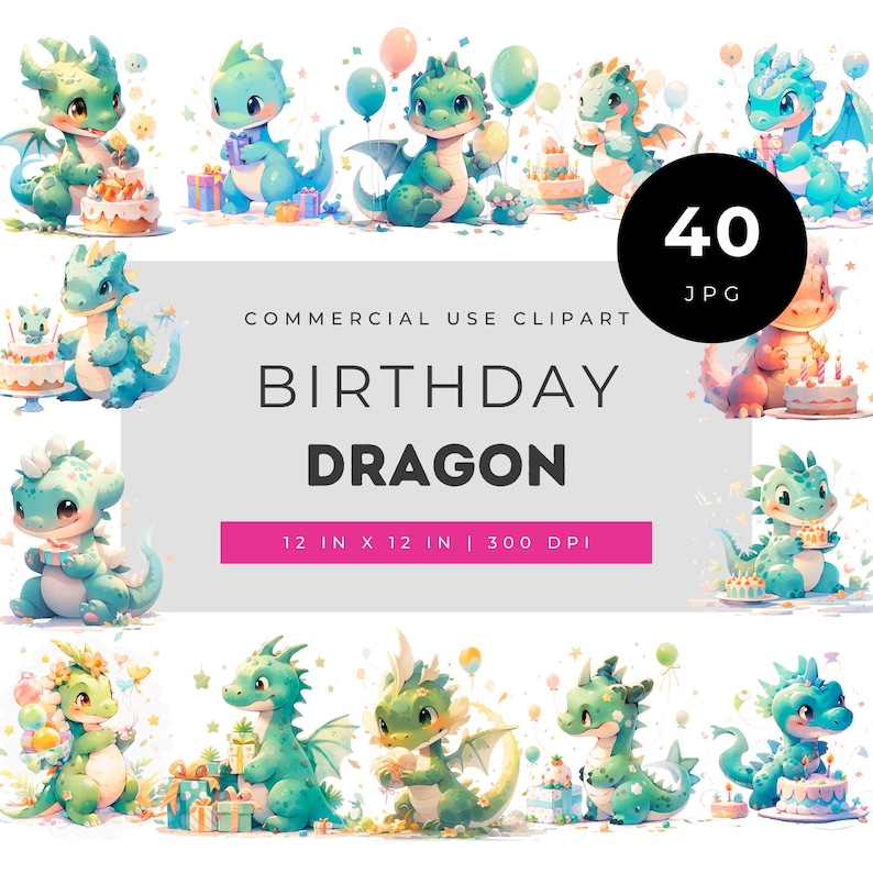 Birthday Dragon Clipart Bundle, Cute Baby Dragon Birthday Party Graphics, Fantasy Kids Invitation Set, Printable Cake Decor JPG imagen 1