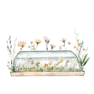 May include: A watercolor illustration of a glass cloche with a pink and peach floral arrangement inside. The cloche is sitting on a pink tray. The flowers are surrounded by green foliage.