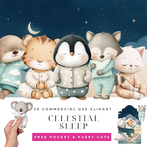 Puede incluir: Una ilustración digital con cinco adorables personajes de animales durmiendo en pijama contra un cielo nocturno estrellado. La imagen incluye un koala sosteniendo una almohada y el texto "Celestial Sleep" con las palabras "30 Commercial Use Clipart" y "Free Pocket & Fussy Cuts".