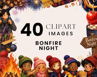 Bonfire Night Clipart, Fireworks PNG, Guy Fawkes Illustrations, Watercolor Autumn Kids Bundle, Sparklers Toffee Apple Art, Commercial Use