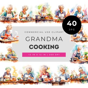Grandma cooking clipart set with watercolor kitchen scenes elderly chef illustrations cozy cooking art for crafts diy projects and decor