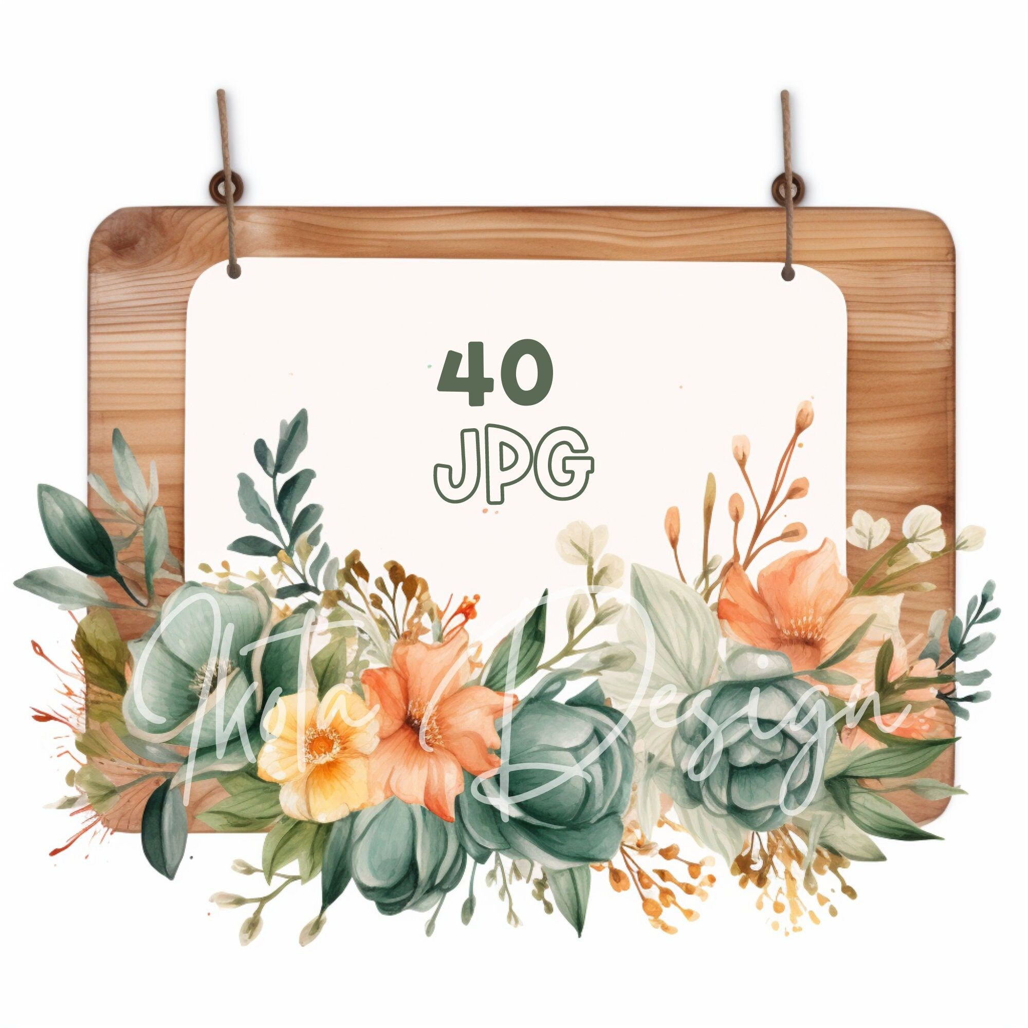 Watercolor Wooden Sign Clipart With Floral Decor, Rustic Wood Labels ...