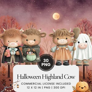 Puede incluir: Ilustración en acuarela de cuatro vacas de las Tierras Altas vestidas con disfraces de Halloween. Una vaca lleva una capa de vampiro, otra lleva una cesta, una tercera un vestido y la última un disfraz de fantasma. Incluye el texto "Halloween Highland Cow".