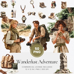 Wanderlust Adventure Clipart - 50 PNG - Digital Planner, Junk Journal, Commercial Use, Sublimation, Scrapbooking, Cards, Stickers, Scene