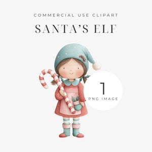 May include: Watercolor illustration of a Santa's Elf. The elf is wearing a red and pink dress, blue hat, and boots, and holding a candy cane. The image includes the text "SANTA'S ELF" and "COMMERCIAL USE CLIPART".