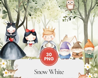 Puede incluir: Un conjunto de 30 ilustraciones digitales con personajes del cuento de hadas Blancanieves. Las ilustraciones incluyen Blancanieves, la Reina Malvada, el Príncipe Encantador y siete enanitos. Las ilustraciones están en un estilo de acuarela y son perfectas para crear manualidades, tarjetas y otros proyectos.