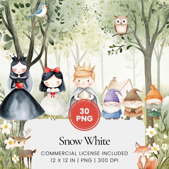 Snow White clipart, watercolor fairytale PNG bundle with princess, dwarfs and queen, woodland illustration set for crafts, nursery and decor