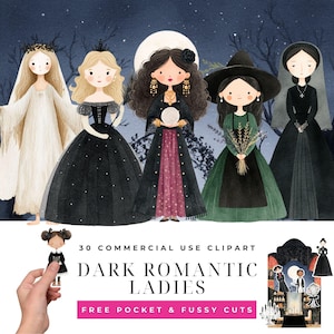 Puede incluir: Ilustración en acuarela de cinco damas románticas oscuras con vestidos largos, con una luna llena y árboles de fondo. La imagen incluye el texto "30 Commercial Use Clipart" y "Dark Romantic Ladies".