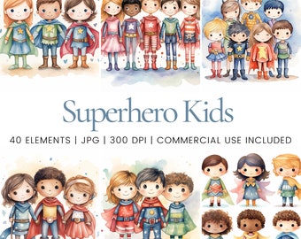 Superhero Kids Clipart - 40 High Quality JPG - Digital Planner, Junk Journaling, Watercolor, Wall Art, Commercial Use, Digital Download, Mug