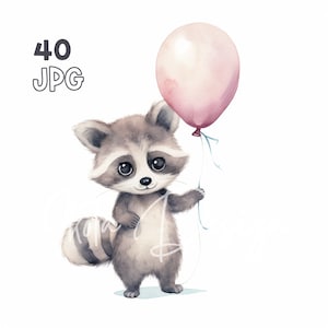 Baby Raccoon Clipart - 40 High Quality JPGs - Digital Planner, Junk Journaling, Watercolor, Commercial Use, Digital Download, Mugs, Nursery