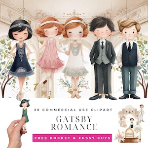 Puede incluir: Ilustración digital de cinco personajes de dibujos animados con ropa vintage. Tres mujeres visten vestidos de flapper en azul marino, rosa y blanco, con collares de perlas y diademas. Dos hombres visten trajes. Se muestra el texto "Gatsby Romance".