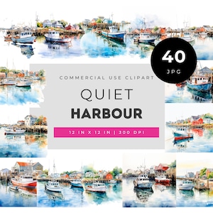 Quiet harbor watercolor clipart set, coastal fishing village boat illustration, peaceful seaside painting art, nautical harbor scene graphic