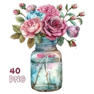 Jar with Roses Clipart - 40 High Quality PNGs - Digital Planner, Junk Journaling, Watercolor, Wall Art, Commercial Use, Digital Download