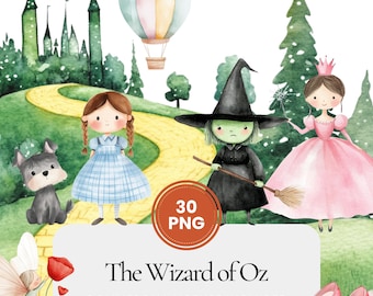 The Wizard of Oz clipart, watercolor PNG set with Dorothy, witch, Glinda, Toto, and Emerald City for fairytale crafts and scrapbook design